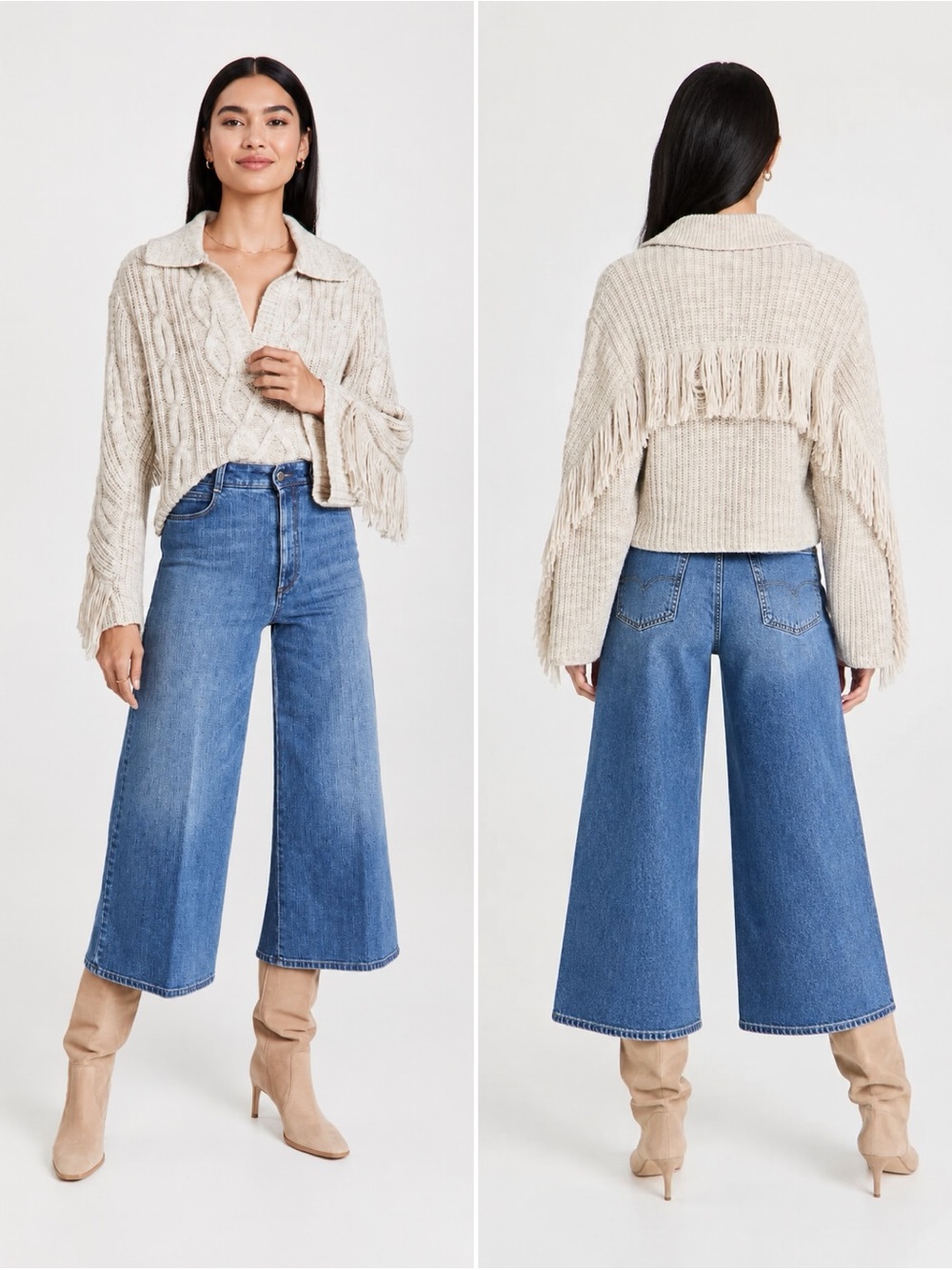 SIMKHAI Kara Mouline Cable Polo Sweater w/ Fringe Size Small